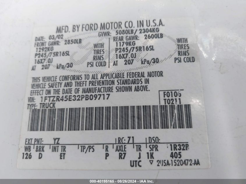 2002 Ford Ranger Edge/Xlt VIN: 1FTZR45E32PB09717 Lot: 40195165