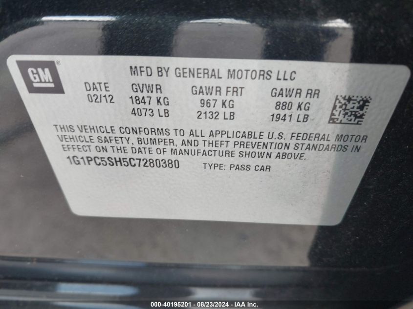 2012 Chevrolet Cruze Ls VIN: 1G1PC5SH5C7280380 Lot: 40195201