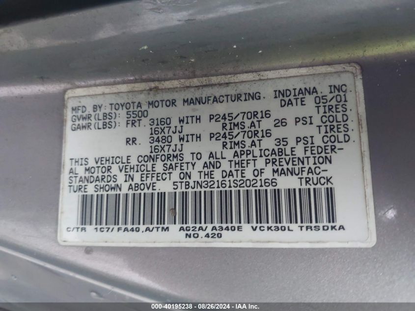 2001 Toyota Tundra VIN: 5TBJN32161S202166 Lot: 40195238