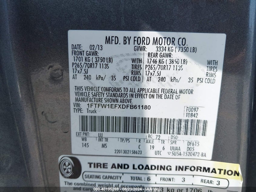 2013 Ford F-150 Xlt VIN: 1FTFW1EFXDFB61180 Lot: 40195269