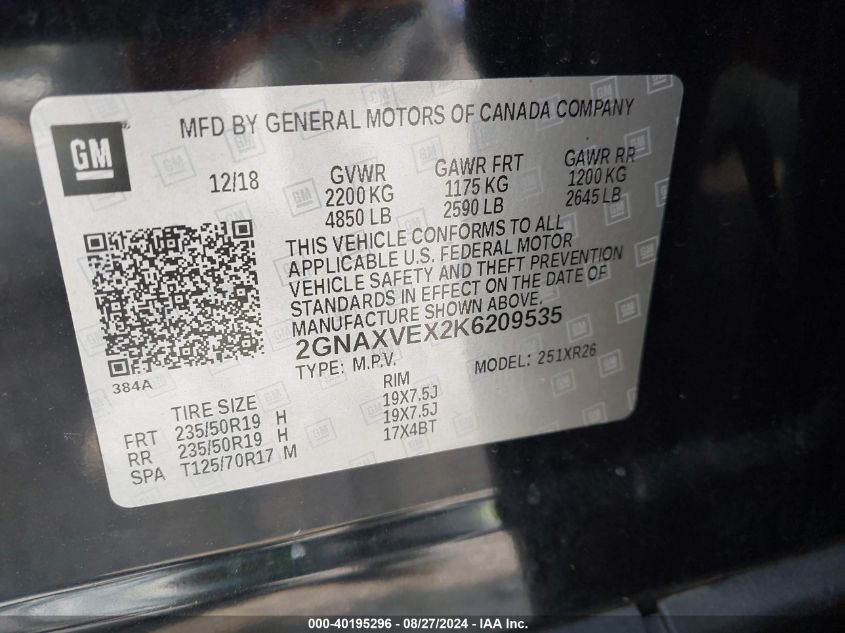 2019 CHEVROLET EQUINOX LT - 2GNAXVEX2K6209535