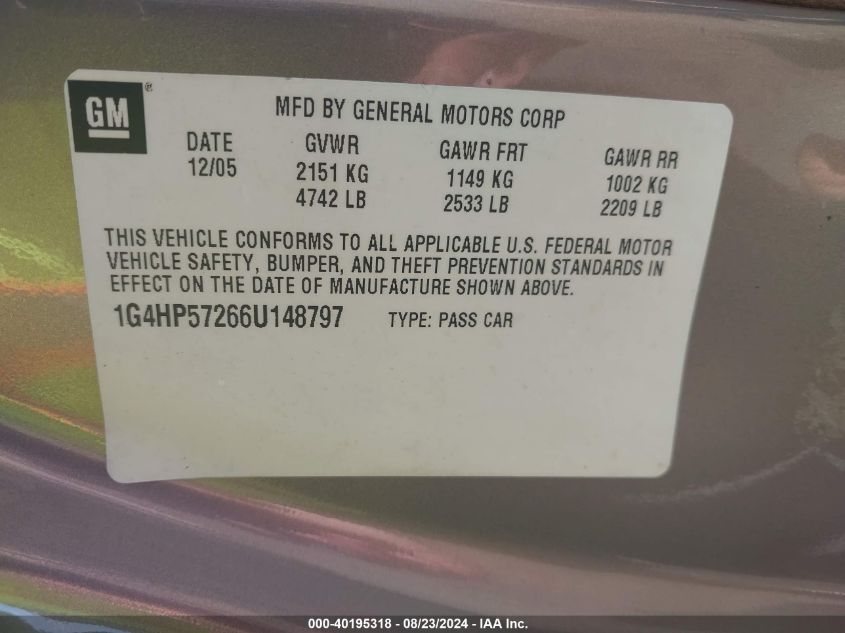 2006 Buick Lucerne Cx VIN: 1G4HP57266U148797 Lot: 40195318