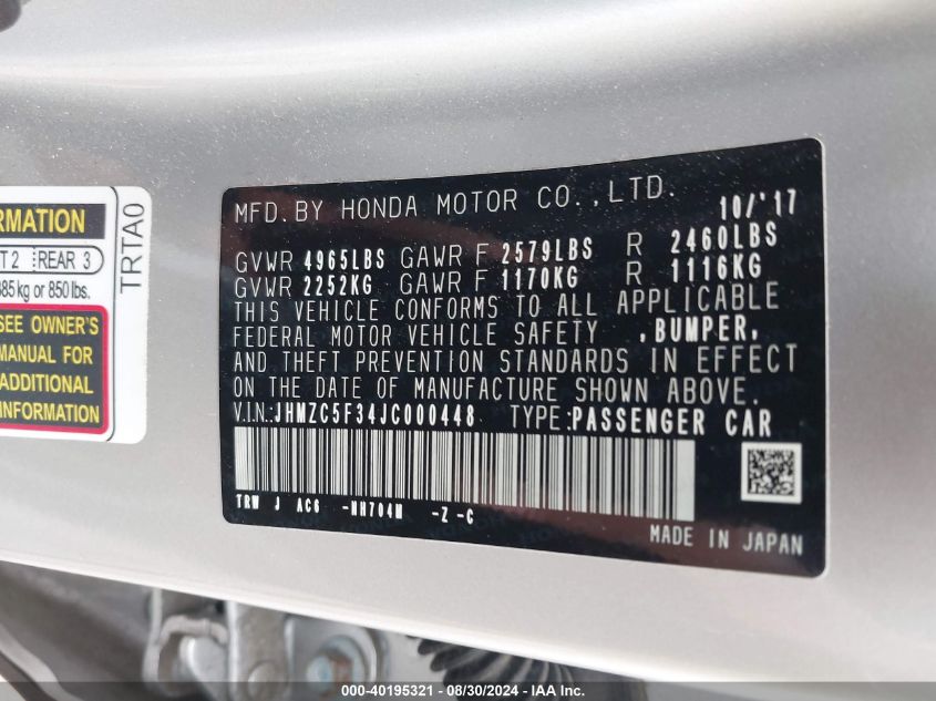 JHMZC5F34JC000448 2018 Honda Clarity Plug-In Hybrid Touring