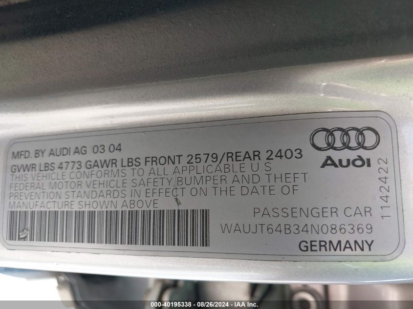 WAUJT64B34N086369 2004 Audi A6 3.0