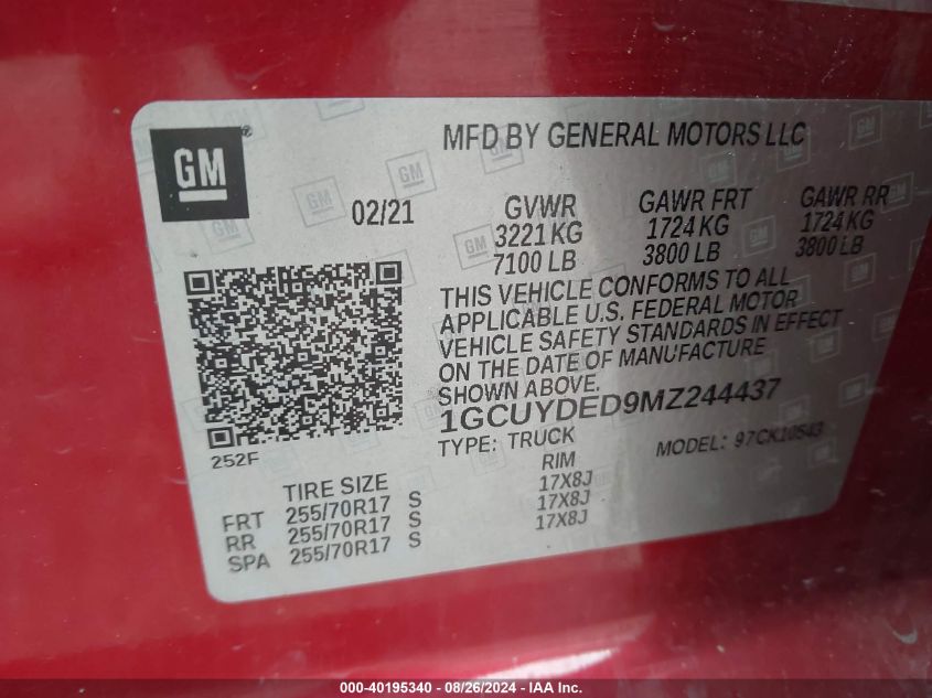 2021 Chevrolet Silverado 1500 4Wd Short Bed Lt VIN: 1GCUYDED9MZ244437 Lot: 40195340