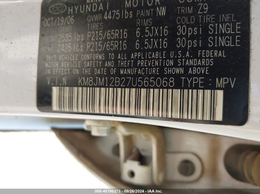 2007 Hyundai Tucson Gls VIN: KM8JM12B27U565068 Lot: 40195373