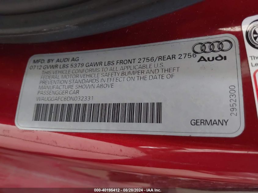 2013 AUDI A6 3.0T PREMIUM - WAUGGAFC6DN032331