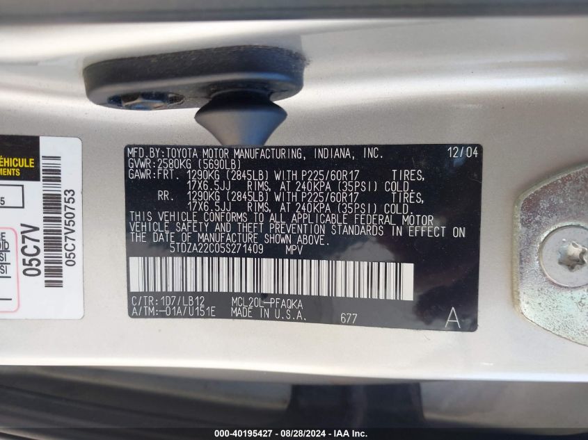 5TDZA22C05S271409 2005 Toyota Sienna Xle