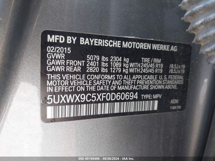 5UXWX9C5XF0D60694 2015 BMW X3 xDrive28I