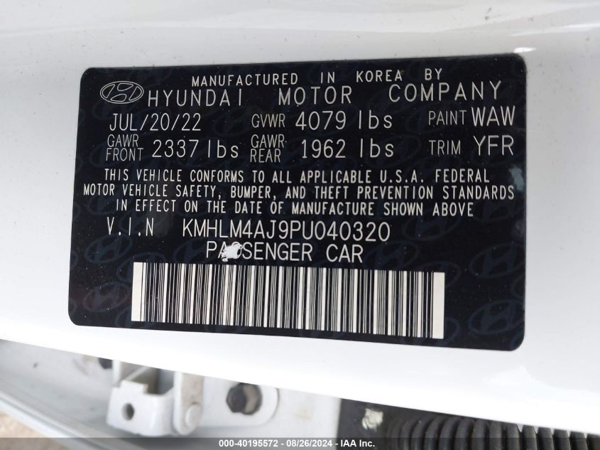 2023 Hyundai Elantra Hybrid Blue VIN: KMHLM4AJ9PU040320 Lot: 40195572