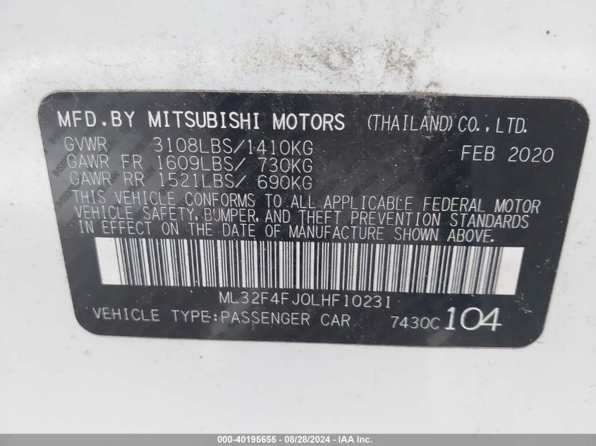 ML32F4FJ0LHF10231 2020 Mitsubishi Mirage G4 Le