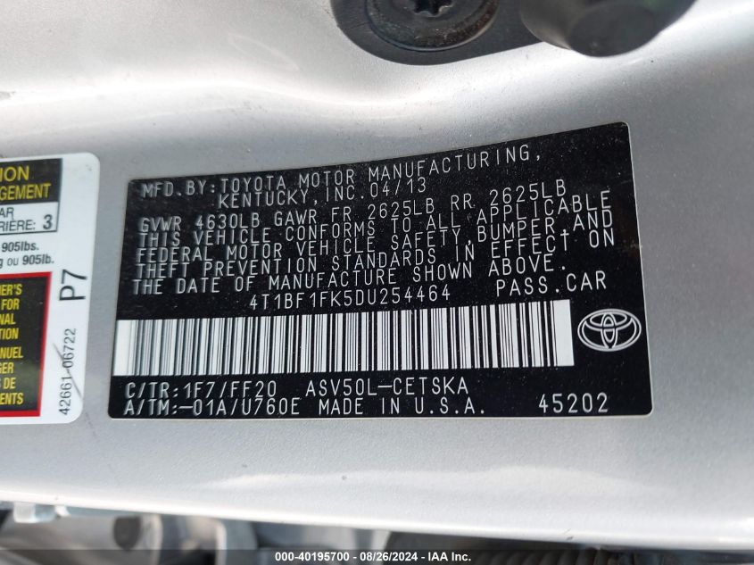 2013 Toyota Camry Se VIN: 4T1BF1FK5DU254464 Lot: 40195700