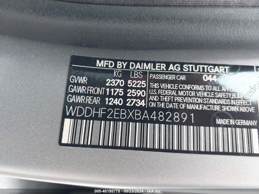 2011 Mercedes-Benz E 350 Bluetec VIN: WDDHF2EBXBA482891 Lot: 40195775