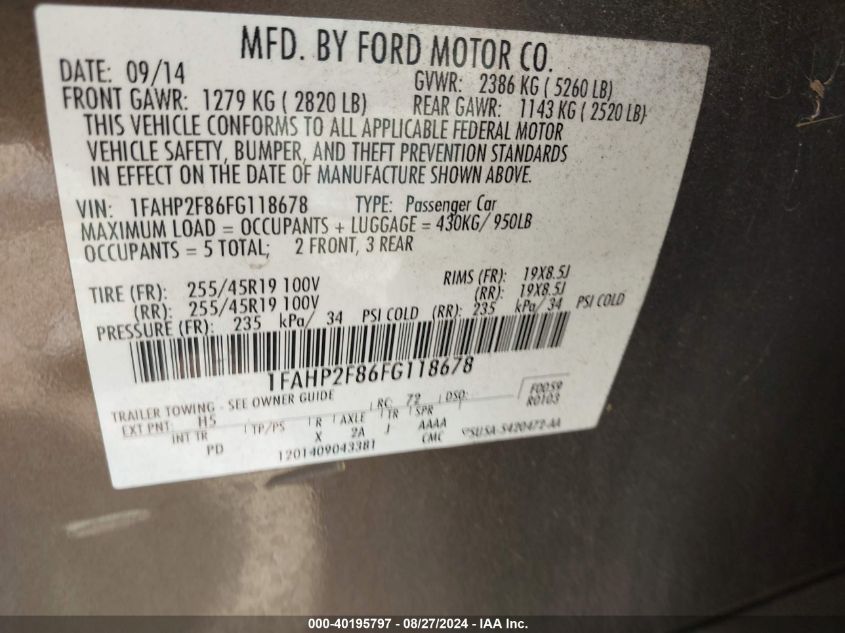 1FAHP2F86FG110678 2015 Ford Taurus Limited