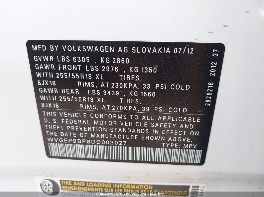 WVGEP9BP8DD003027 2013 Volkswagen Touareg Tdi Sport