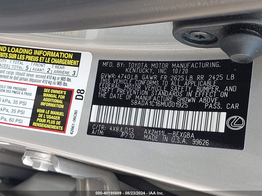 VIN 58ADA1C16MU001925 2021 LEXUS ES 300H