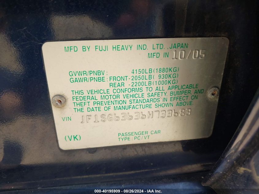 2006 Subaru Forester 2.5X VIN: JF1SG63636H733683 Lot: 40195909