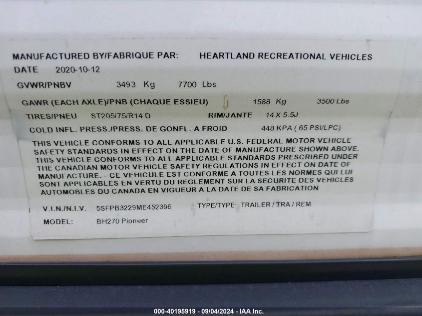 2021 Heartland Pioneer VIN: 5SFPB3229ME452396 Lot: 40195919
