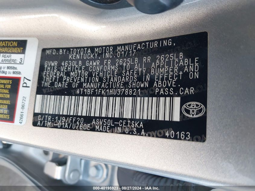 4T1BF1FK1HU378821 2017 Toyota Camry Se