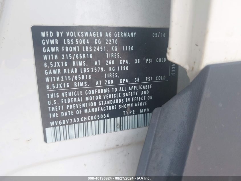 2017 Volkswagen Tiguan 2.0T/2.0T S VIN: WVGBV7AXXHK005054 Lot: 40195924