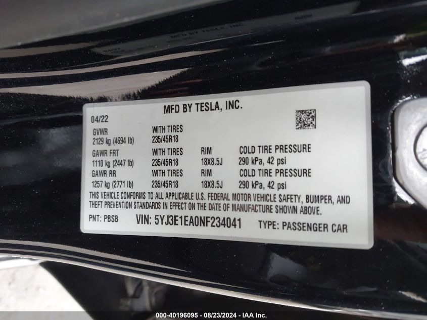 2022 Tesla Model 3 Rear-Wheel Drive VIN: 5YJ3E1EA0NF234041 Lot: 40196095