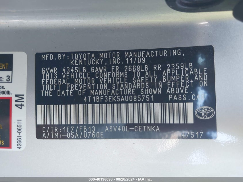 2010 Toyota Camry Le VIN: 4T1BF3EK5AU085751 Lot: 40196098