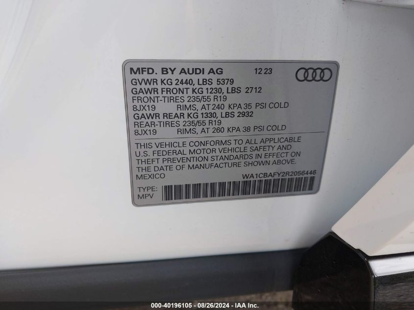 2024 Audi Q5 Prestige 40 Tfsi Quattro S Tronic VIN: WA1CBAFY2R2056446 Lot: 40196105