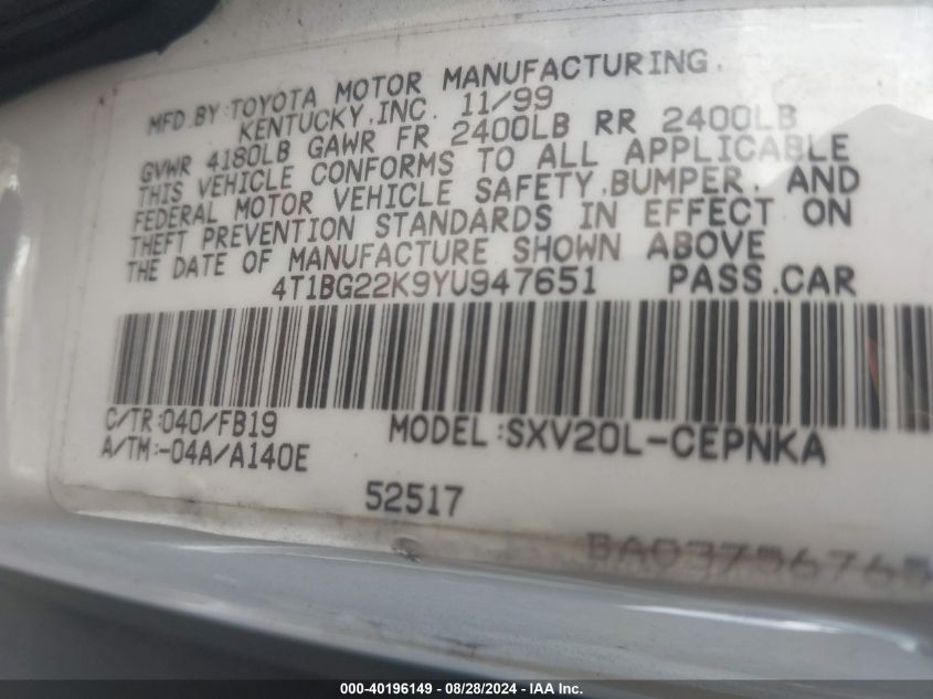 2000 Toyota Camry Le VIN: 4T1BG22K9YU947651 Lot: 40196149