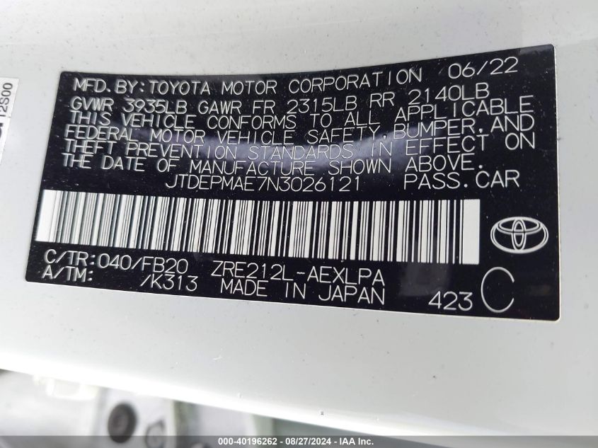 2022 Toyota Corolla Le VIN: JTDEPMAE7N3026121 Lot: 40196262