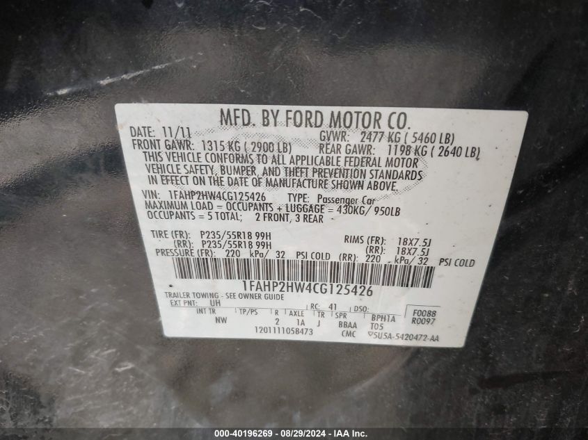 1FAHP2HW4CG125426 2012 Ford Taurus Sel