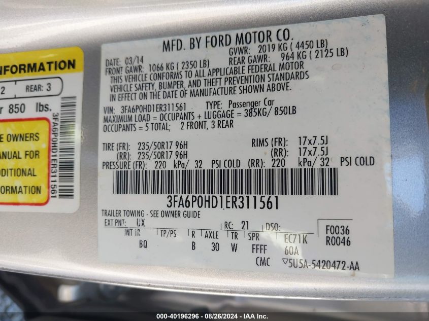 2014 Ford Fusion Se VIN: 3FA6P0HD1ER311561 Lot: 40196296