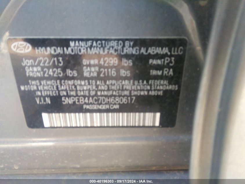 5NPEB4AC7DH680617 2013 Hyundai Sonata Gls