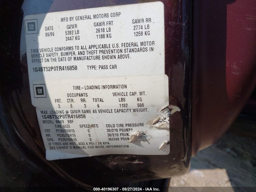 1996 Buick Roadmaster Limited VIN: 1G4BT52P0TR416858 Lot: 40196307