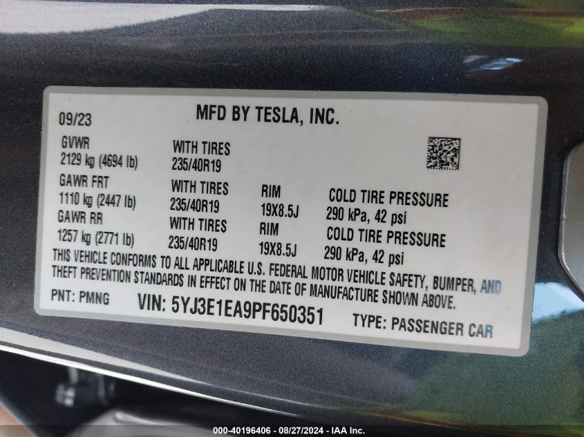 2023 Tesla Model 3 Rear-Wheel Drive VIN: 5YJ3E1EA9PF650351 Lot: 40196406