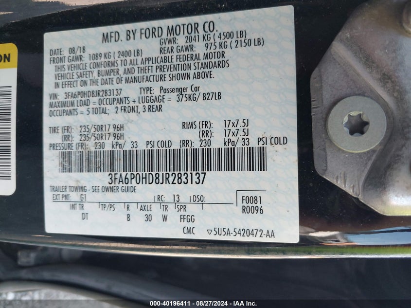 VIN 3FA6P0HD8JR283137 2018 FORD FUSION SE