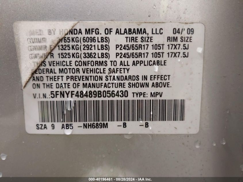 2009 Honda Pilot Ex VIN: 5FNYF48489B056430 Lot: 40196461