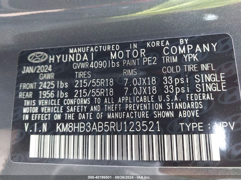 2024 Hyundai Kona Sel VIN: KM8HB3AB5RU123521 Lot: 40196501