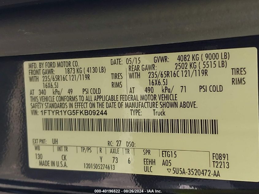 2015 Ford Transit-250 VIN: 1FTYR1YG5FKB09244 Lot: 40196522