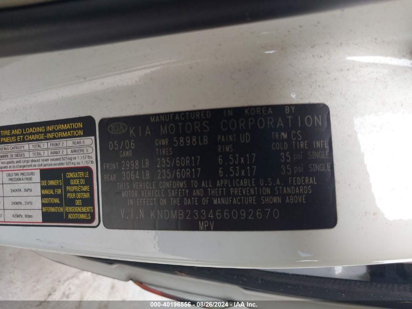 2006 Kia Sedona Ex/Lx VIN: KNDMB233466092670 Lot: 40196556