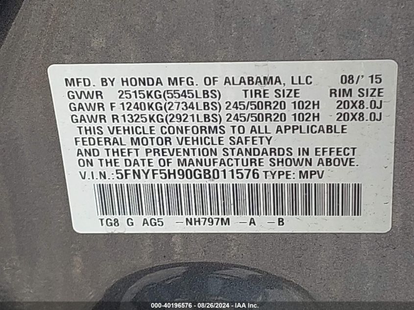 2016 Honda Pilot Touring VIN: 5FNYF5H90GB011576 Lot: 40196576