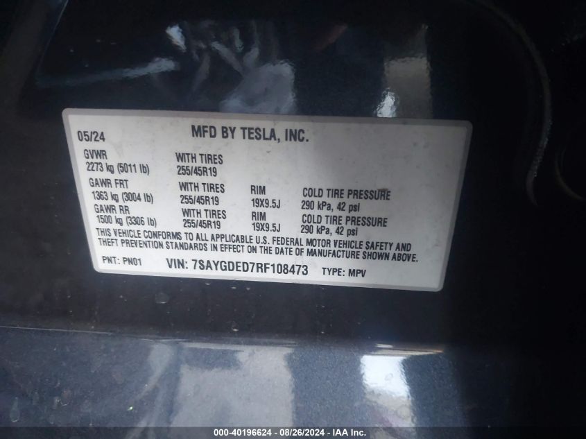 2024 Tesla Model Y Long Range Dual Motor All-Wheel Drive/Rwd VIN: 7SAYGDED7RF108473 Lot: 40196624