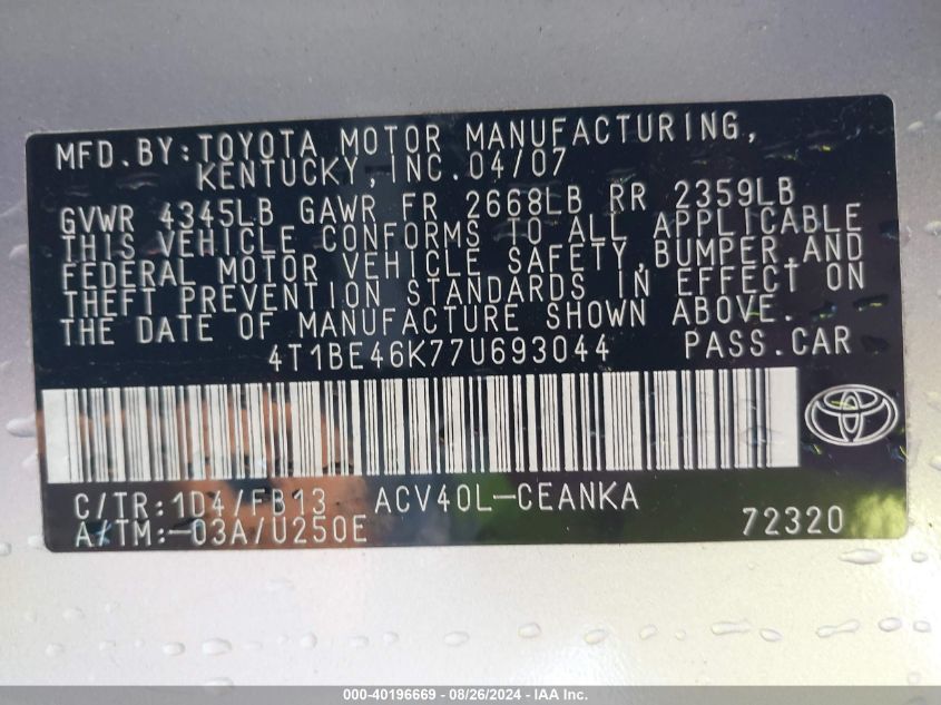 4T1BE46K77U693044 2007 Toyota Camry Le