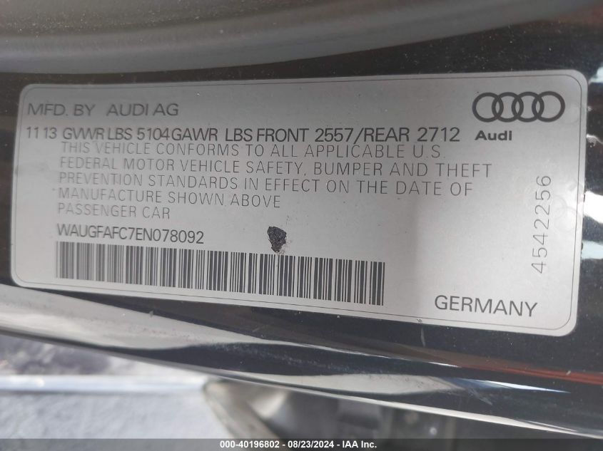 2014 Audi A6 2.0T Premium VIN: WAUGFAFC7EN078092 Lot: 40196802