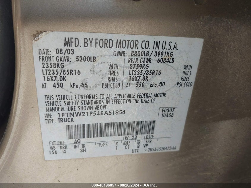 2004 Ford F-250 Lariat/Xl/Xlt VIN: 1FTNW21P54EA51854 Lot: 40196857