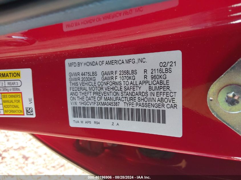 VIN 1HGCV1F3XMA045387 2021 HONDA ACCORD SPORT
