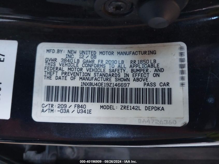 2009 Toyota Corolla VIN: 1NXBU40E19Z146697 Lot: 40196909