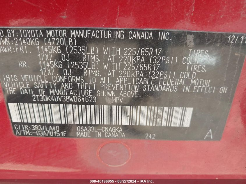 2011 Toyota Rav4 Limited V6 VIN: 2T3DK4DV3BW064623 Lot: 40196955