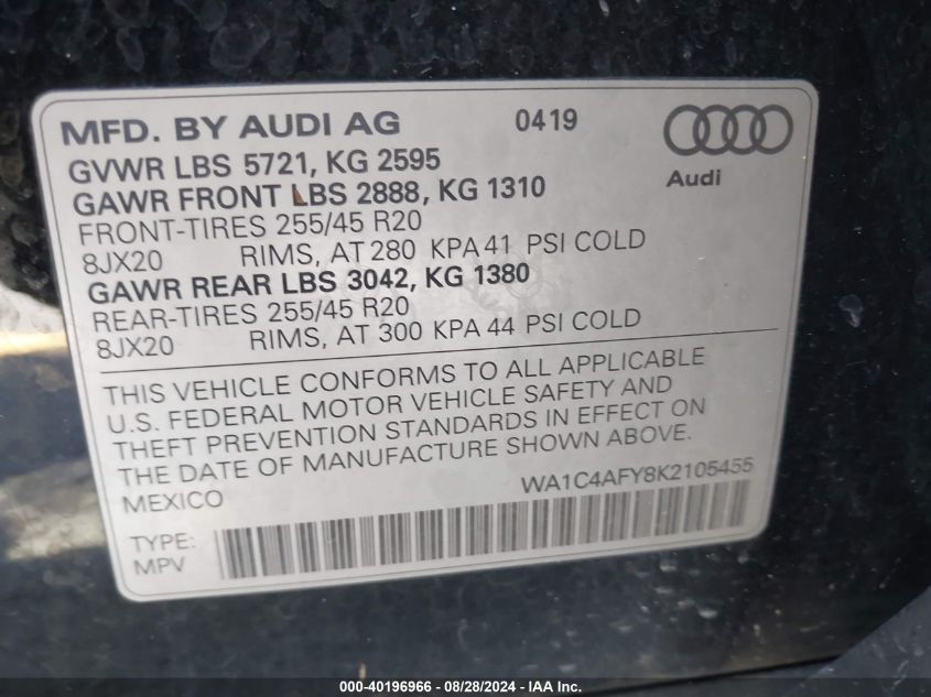 2019 Audi Sq5 3.0T Premium VIN: WA1C4AFY8K2105455 Lot: 40196966