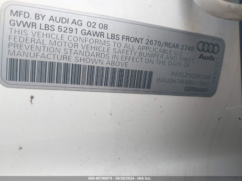 2008 Audi A6 3.2 VIN: WAUDH74F48N113561 Lot: 40196975