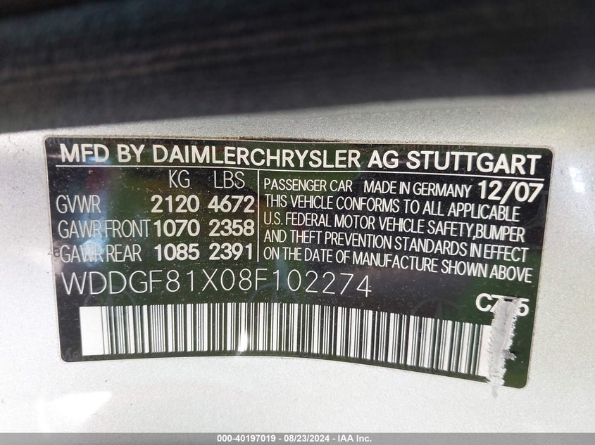 2008 Mercedes-Benz C 300 Luxury 4Matic/Sport 4Matic VIN: WDDGF81X08F102274 Lot: 40197019